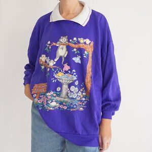 Vintage Basic Editions Purple Cat Bird Garden Graphic Polo Collar Sweatshirt 1X